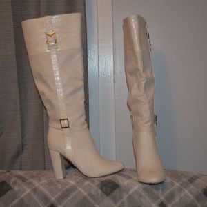White tall heeled boots